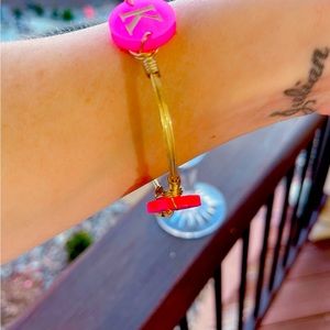 Bangle Bracelet- Moon and Lola gold toned wire, wrapped with pink pendants